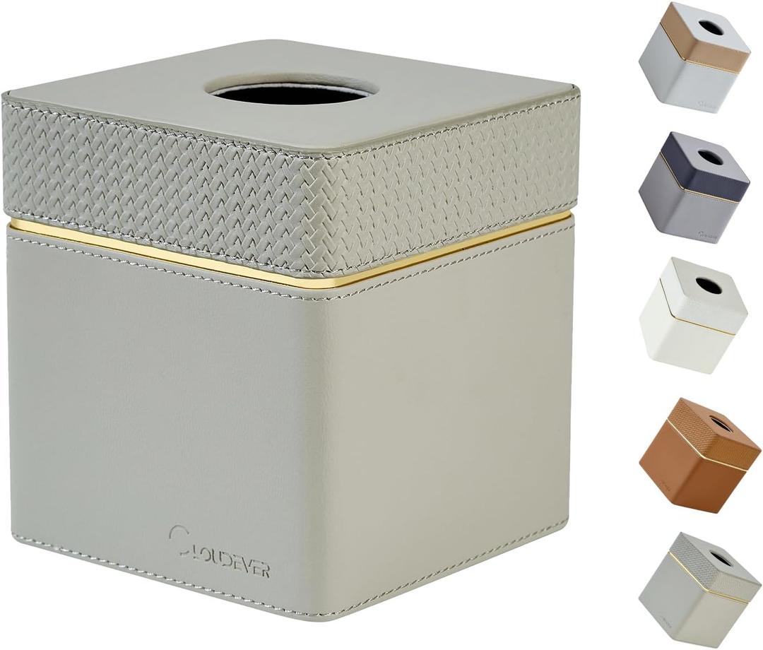 Tissue Box Holder Cover Square, Modern PU Leather Decorative Tissue Cube Holder Organizer - Woven Pattern Grey