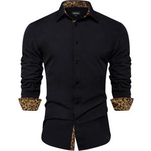 DiBanGu Mens Dress Shirts Solid Long Sleeve Button Down Shirts Regular Fit Inner Contrast Formal Shirts Wedding Business (3X-Large, Gold Floral)