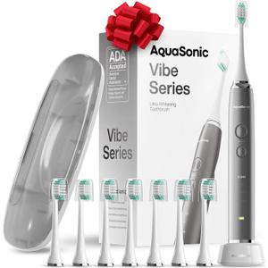 Aquasonic Vibe Series Ultra-Whitening Toothbrush  ADA Accepted Electric Toothbrush - 8 Brush Heads & Travel Case  40,000 VPM Motor & Wireless Charging - 4 Modes w Smart Timer  Charcoal Metallic