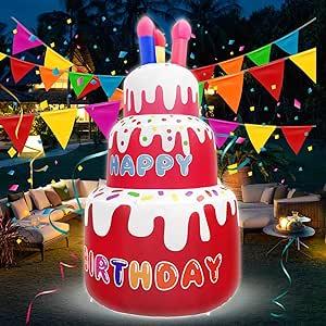Inflatable 6FT Happy Birthday Cake Decorations with Candle, Birthday Light Up Sign, Perfect for Girl Birthday Gift Indoor Outdoor Yard Hdecoración Inflable Feliz Cumpleaños