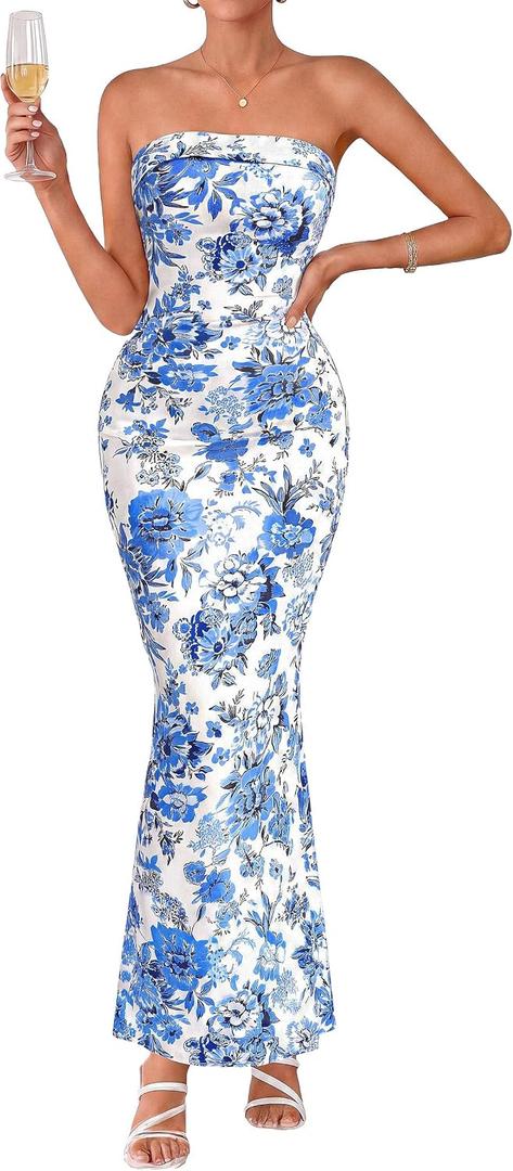 PRETTYGARDEN Womens Strapless Maxi Dress 2026 Summer Floral Bodycon Sleeveless Tube Back Slit Wedding Guest Cocktail Dresses (XXL)