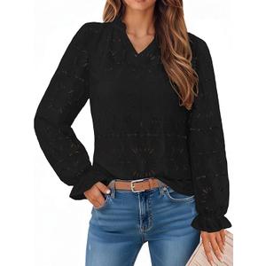 IWD Womens Tops Dressy Casual Ruffle Long Sleeve Shirts Loose Fit Fall Blouses Work Teacher Outfits (Black, Small)