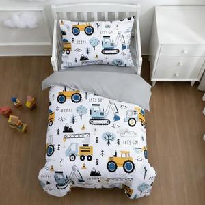 NTBED 4 Pieces Construction Toddler Bedding Set for Baby Boys,Tree Truck Vehicles Excavator Cars Printed, Includes Comforter, Flat Sheet, Fitted Sheet and Pillowcase,Light Grey
