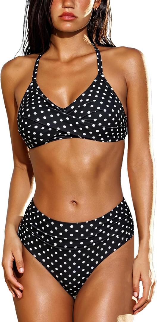 Halcurt Women's Bikini Sets Twist Front Swim Top with Ruched Tummy Control Bottom Two Piece Swimsuit (Blue, M)