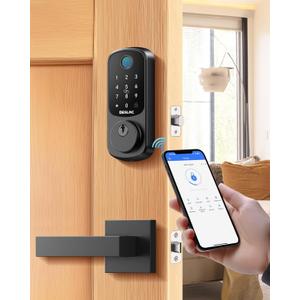 DESLOC B200 Keyless Entry Door Lock with 2 Lever Handles, App Control, Fingerprint Smart Locks for Front Door, Keypad Deadbolt Smart Lock, Deadbolt Lock, Emergency Power Port, 12 Months Battery Black
