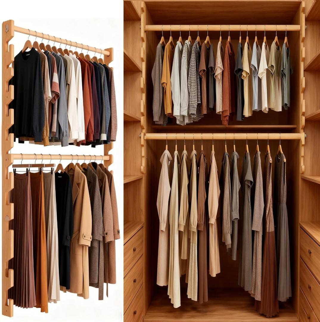 Closet Rods Wooden for Hanging Clothes, Clothes Hanging Rod with Adjustable Brackets 2 Rod,Heavy Duty 100 lbs Closet Wardrobes Laundry for RV Bathroom (47IN/120CM)