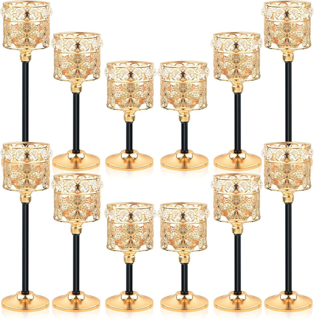 Kehail Set of 12 FloralCarved Crystal & Metal Tealight Candelabras Bulk Elegant Gold & Black Wedding Centerpiece, Dining Table Decor, Votive Candle Holders