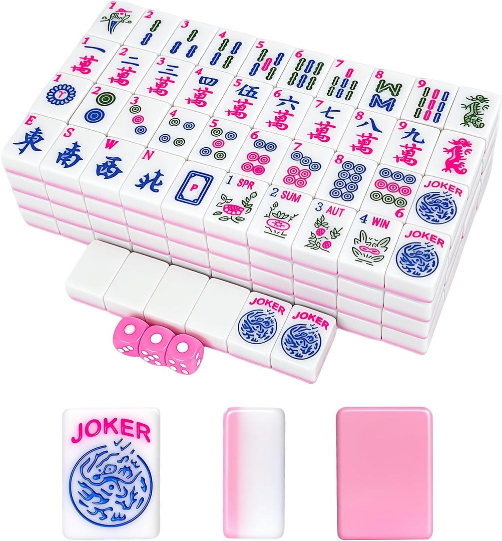 166pcs American Mahjong Tile Set with Pink Back Tiles for Family Night, 1.2-inch Mahjong Game Set with 3 Dice for Gathering, Party, Camping(Tiles Only)