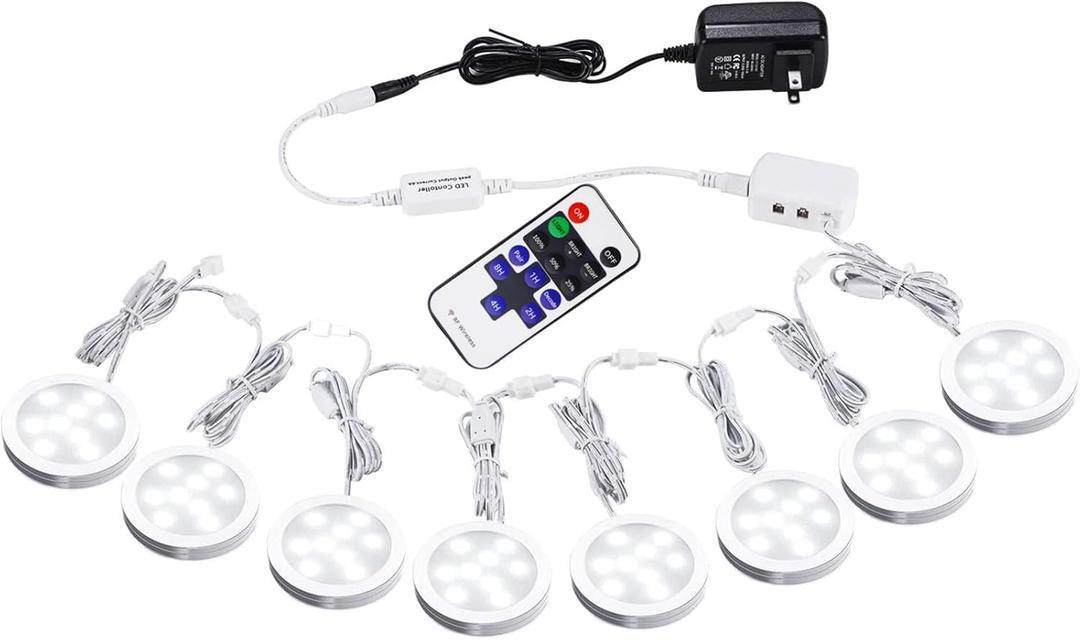 AIBOO Linkable Under Cabinet LED Lighting 12V Slim Aluminum Dimmable Puck Lights with RF Remote Control & UL Listed Plug for Display Bookshelf Lighting(8 Lights, Daylight White)