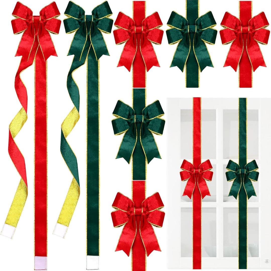 XunYee Glitter Large Christmas Cabinet Ribbons Bows Thick Velvet Festive Xmas Bow Edge Burlap Door Decoration for Christmas Tree Fireplace Kitchen Gift Wrapping (200x8 cm,Red and Green)