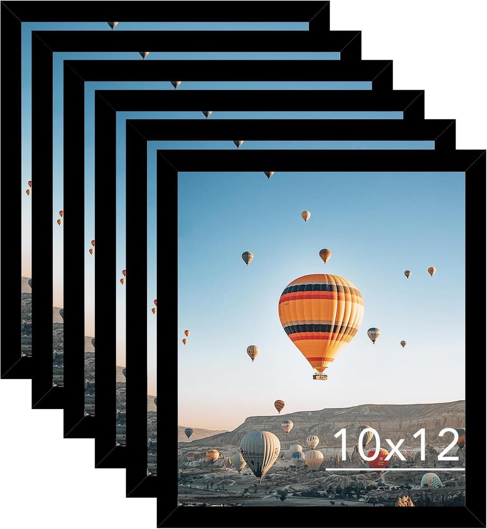 10x12 Black Picture Frame Set of 6, Horizontal and Vertical Formats for Wall Hanging, 10 x 12 Wall Gallery Poster Photo Frames with Shatter Resistant Plexiglass, 6 Pack, Black