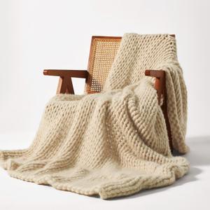 SLEEP ZONE Throw Blanket for Couch - Chunky Knit Hollow Blanket, Throw Blankets for Bed, Handmade Long Plush Cat Yarn, Soft Fluffy Knit Blankets Home Decor (Beige, 50x60in)