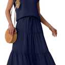 Lepunuo 2 Piece Skirt Sets for Women Flowy Maxi Skirts Cap Sleeve Tops Matching Sets Travel Vacation Outfits with Pockets (Blue, L)