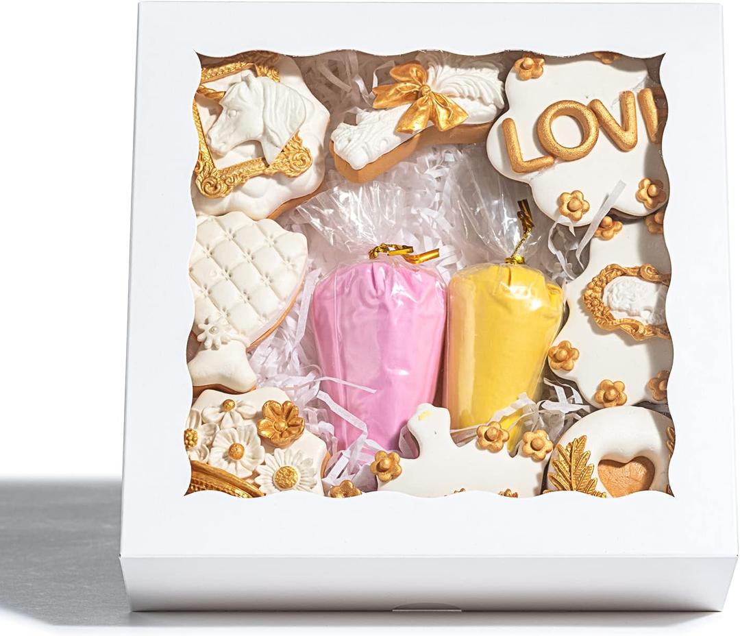 RomanticBaking 50pcs 8x8x2 Inches Bakery Boxes with Window Cookies Boxes Chocolate Covered Strawberries Boxes Cakesicle Boxes for Christmas Valentine's Halloween Easter Father's Mother's Day (White)