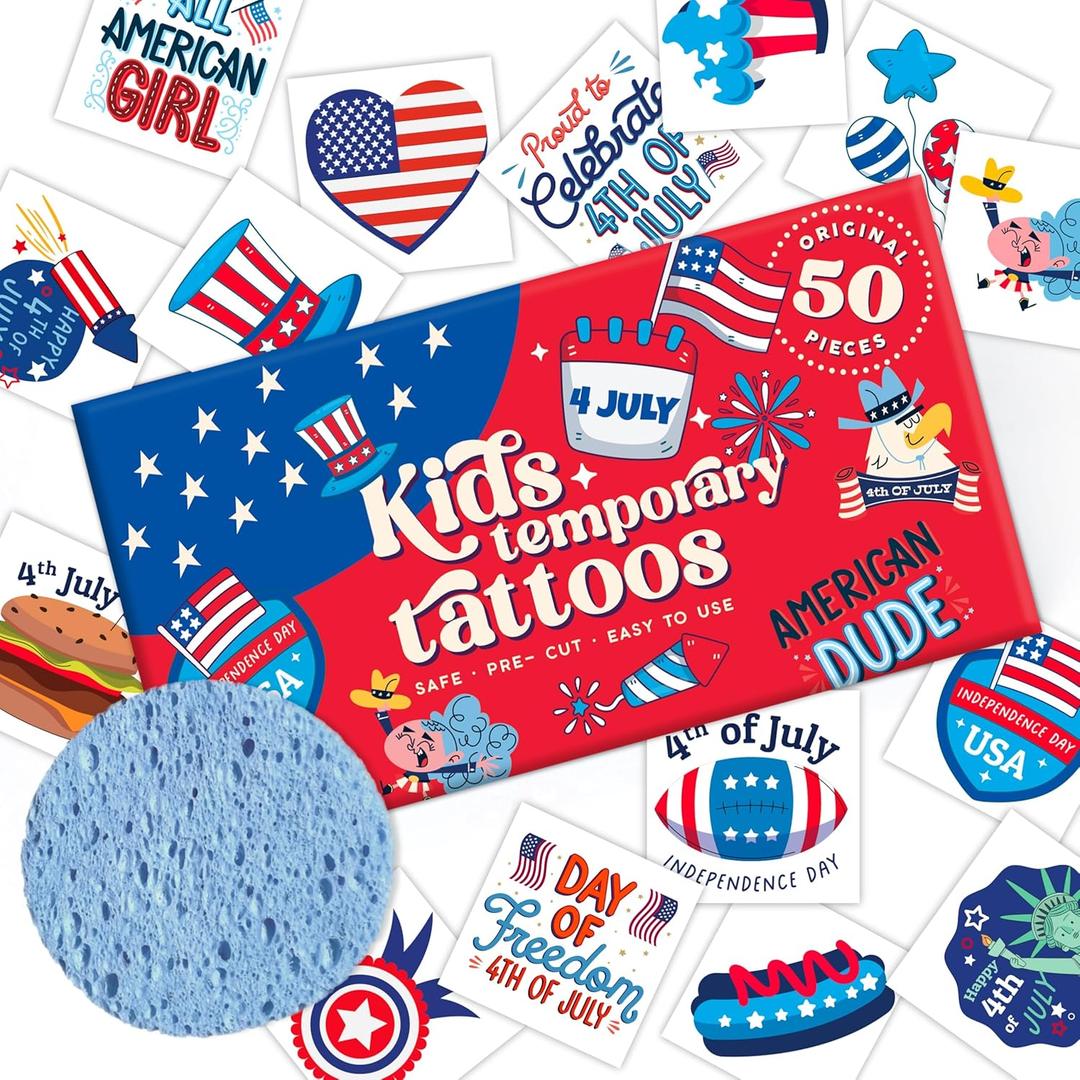 4th of July Temporary Tattoos for Kids  50pcs Patriotic USA Tattoo Stickers for Independence Day, Pre-Cut, Hypoallergenic, Skin-Safe, Easy to Apply | Flags, Stars, Fireworks | Party Favors & Gifts