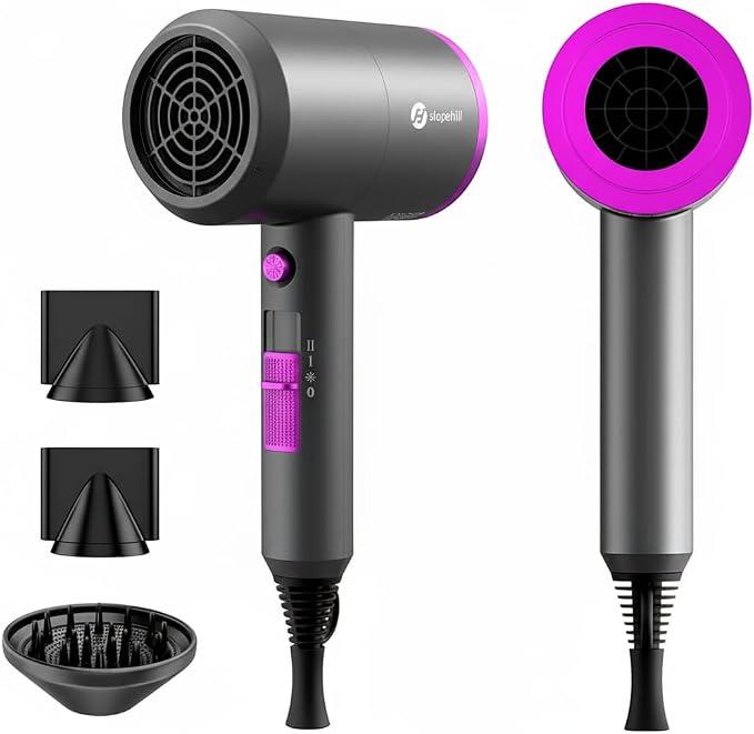 slopehill Professional Ionic Hair Dryer, Powerful 1800W Fast Drying Low Noise Blow Dryer with 2 Concentrator Nozzle 1 Diffuser Attachments for Home Salon Travel (Black)