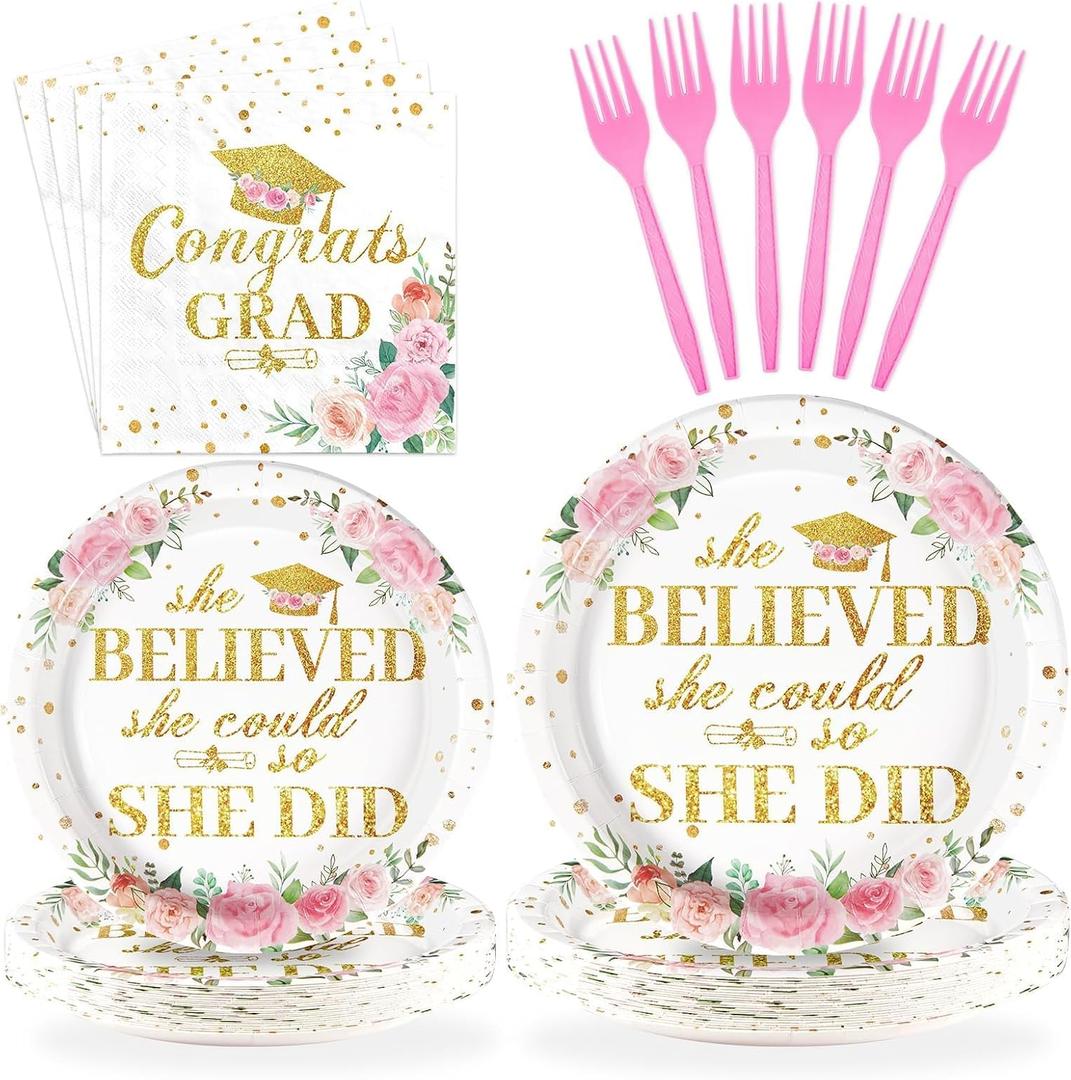 Grencian 96Pcs Pink Graduation Decorations for Women Serves 24 | Class of 2026 Floral Congrats Grad Plates Napkins Gold Bachelor Cap Grad Tableware Set for 2026 Graduation Prom Supplies