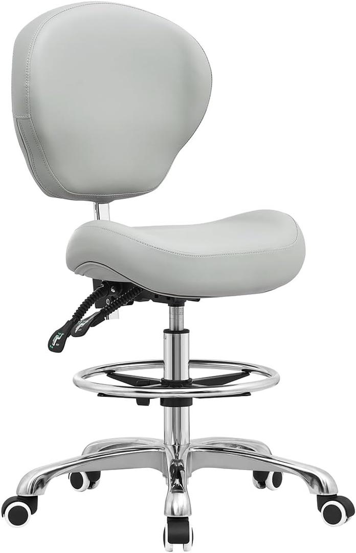Kaleurrier Adjustable Stools Drafting Chair with Backrest & Foot Rest Tilt Back Swivel Seat Rolling Wheels for Studio Dental Office Salon and Counter Armless Tall Home Desk Chairs (Grey), Medium