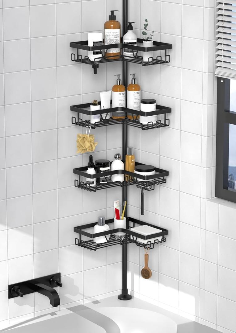 KEGII Corner Shower Caddy Tension Pole - Shower Tension Rod Organizer, Floor to Ceiling Shower Caddy 25-114.2 inch, Towel Rack Corner Waterproof, Black