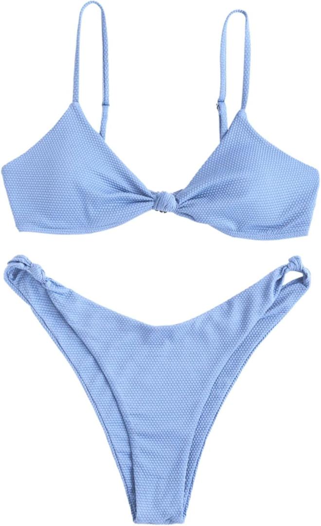 ZAFUL Women's Tie Knot Front Spaghetti Strap High Cut Bikini Set Swimsuit S