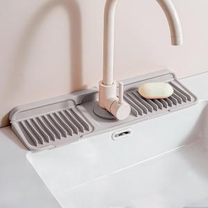 Longer Silicone Faucet Mat for Kitchen Sink  Button Style Faucet Drip Catcher & Leak-Proof Sink Splash Guard with 6 Slope, Behind Faucet Draining Mat,Gadgets for Bathroom (light grey, small) (17" x 5.5")