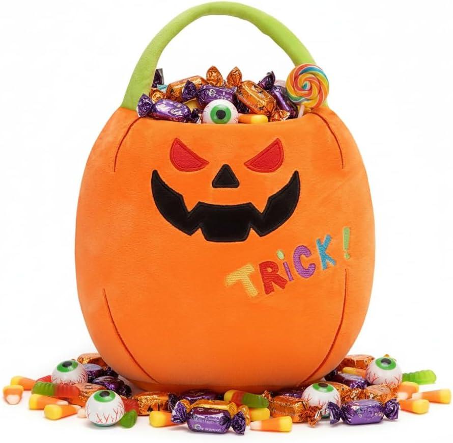 Halloween Plush Pumpkin Trick Or Treat Basket, Cute Pumpkin Stuffed Animal Candy Bucket, Halloween Party Favor Bags with Handles Plush Toys for Kids Toddlers Girls Boys