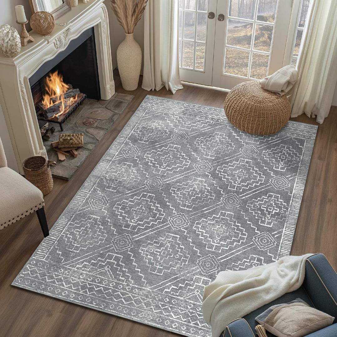 jinchan 3x5 Area Rugs for Entryway - Machine Washable Modern Rug Kitchen Soft Faux Wool Stain Resistant Non-Slip Ultra-Thin Low-Pile Geometric Carpet for Entrance Bedroom Living Room(3x5ft,Dark Grey) (3' x 5' (Rectangular), Boho Dark Grey)