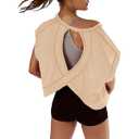 Workout Tops for Women Open Back Gym Shirts Short Sleeve Athletic Tops Backless Loose Fit Crop Top Comfy Tshirts, L