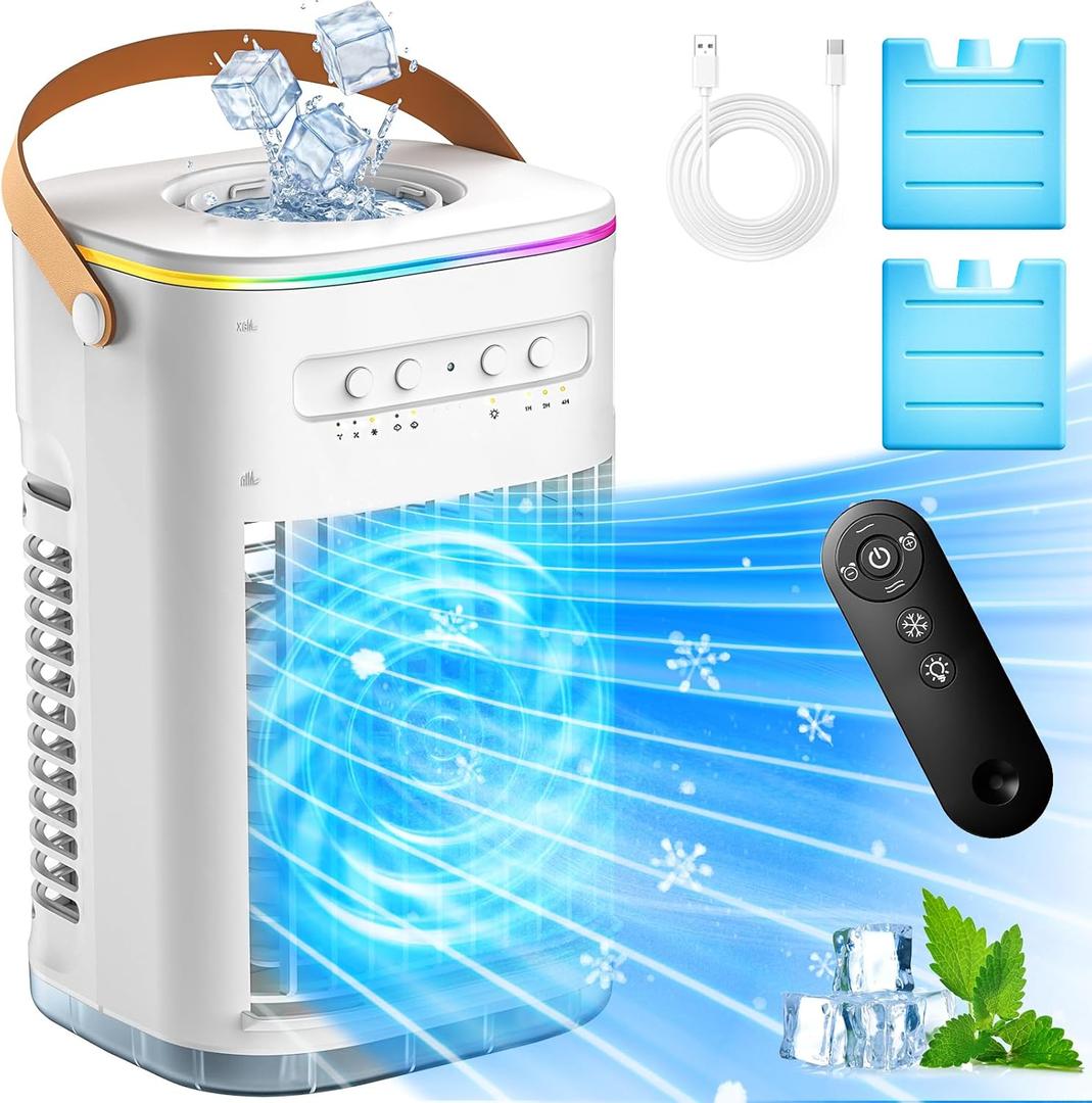 BALKO 4-IN-1 Personal Air Conditioner w/Remote, 2 Ice Packs, 1200ML Tank, 7H Timer for Smart Auto-Off, 2 Cool Mist, 3-Speed Small Portable Air Conditioner, 7-LED Light Evaporative Air Cooler for Room
