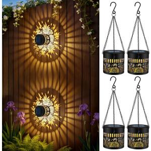 4 Pack Solar Lanterns Outdoor Waterproof, Sunflower Solar Garden Decor Gifts for Women Mom Grandma, Hanging Solar Fence Lights Metal Decorations Outside for Yard, Patio, Backyard, Porch