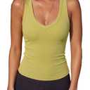SUUKSESS Women Cotton Ribbed Summer Loose Fit Casual Tops Padded Sleeveless Trendy Tank Tops Basic V Neck Top (Olive Green,Large) (XL)