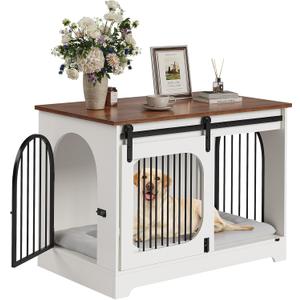 Dog Crate Furniture, 39.4" Dog Kennel for Dogs Up to 70 Lb, with Bed Mat, Heavy-Duty Dog Cage End Table, Three Doors Dog House, White/Brown Dog Crate Furniture, 39.4" Dog Kennel for Dogs Up to 70 Lb, with Bed Mat, Heavy-Duty Dog Cage End Table, Three Doors Dog House, White/Brown