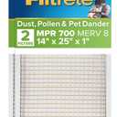 Filtrete 14x25x1 AC Furnace Air Filter, MPR 700, MERV 8, Tough on Pollen, Easy on Airflow, 3-Month Pleated 1-Inch Electrostatic Air Cleaning Filter, 2-Pack (Actual Size 13.81 x 24.81 x 0.81 in)