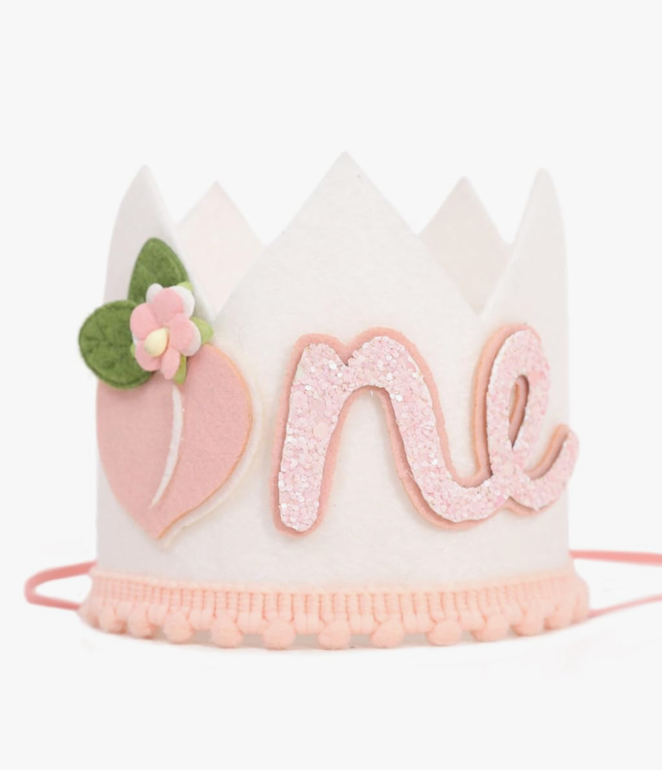 MADENG Girls 1st Birthday Decorations - Peach One Birthday Crown,Summer Fruit Party Photo Props,Sweet Peach Cake Smash Party Hat Outfit For Girl,Peach Themed Pink Glitter Birthday Party Crown
