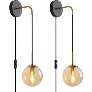Wall Sconces Set of Two Black and Brass Gold  Plug in Wall Sconces Set of 2 with Globe Amber Glass Shade Wall Lights Wall Lamps for Bedrooms Sconces Wall Decor Set of 2 with Plug in Cord Switch