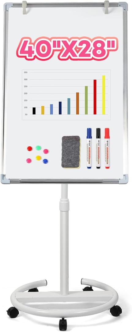 E BAVITE Mobile Magnetic Portable Dry Erase Board, 40 x 28 in Rolling White Board Stand Easel with Flipchart Pad for Office or Teaching at Home & Classroom