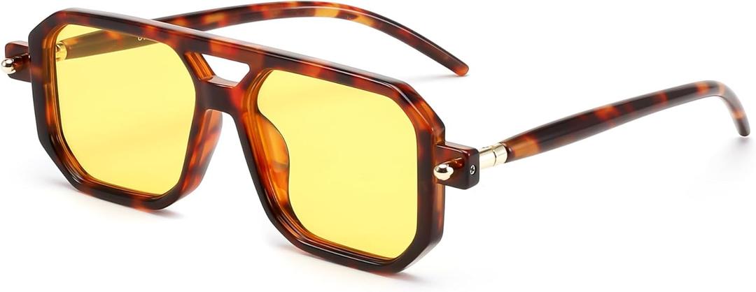 FEISEDY Vintage Square 70s Flat Aviator Sunglasses Women Men Classic Retro Stylish Frame UV400 Sunglasses B2622 (032 Leopard Frame & Yellow Lens)