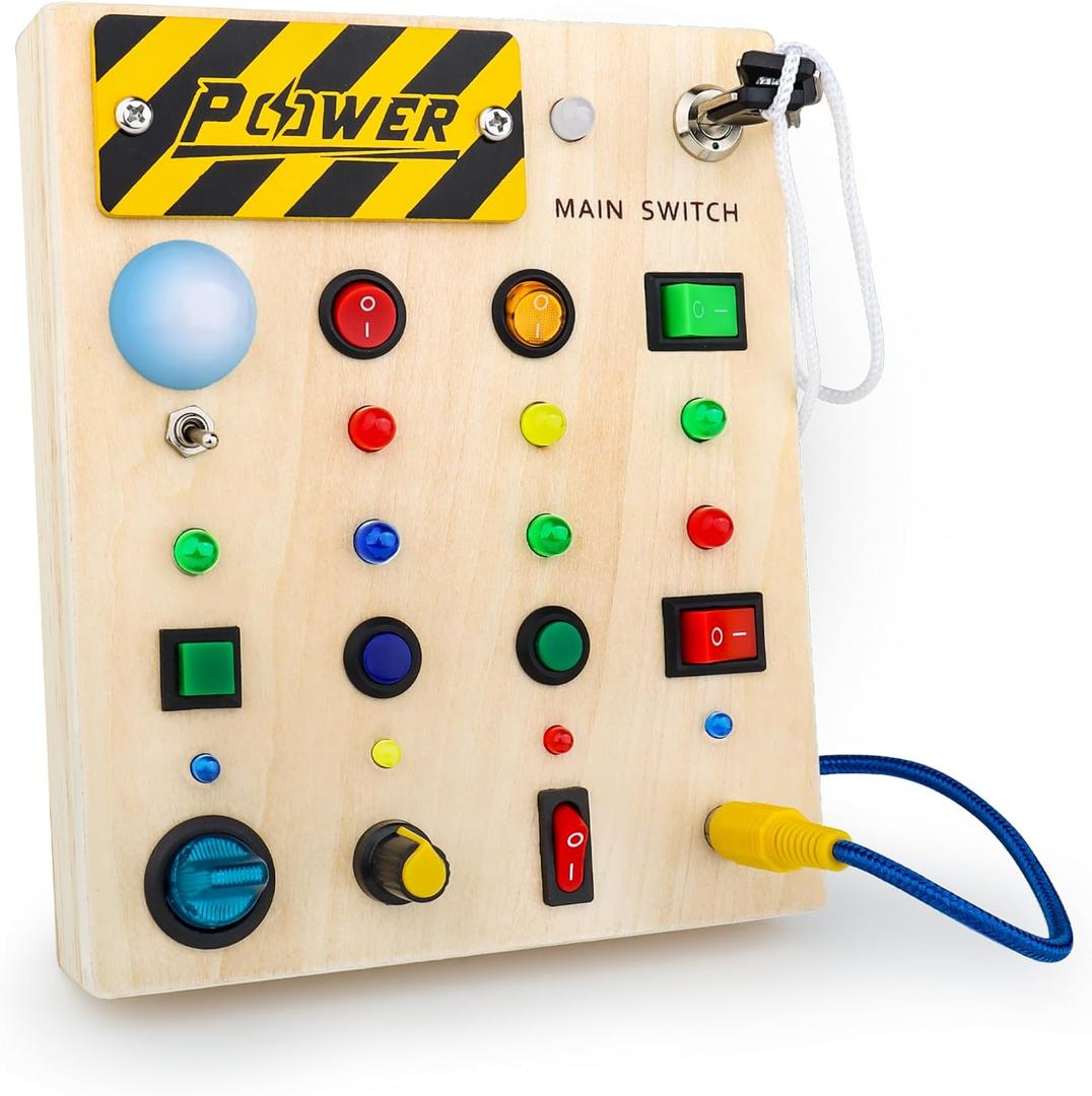 Toddler Montessori Busy Board - Wooden Switch Board for 1-3 Year Olds, LED Light Switch Toy, Kids Button Travel Toy for 3+