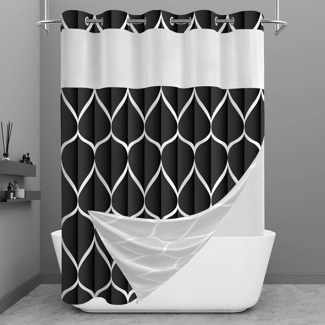 Yiatn No Hook Black Shower Curtain with Snap in Fabric Liner Set - Hotel Style with See Through Mesh Top Window - 71x74 INCH