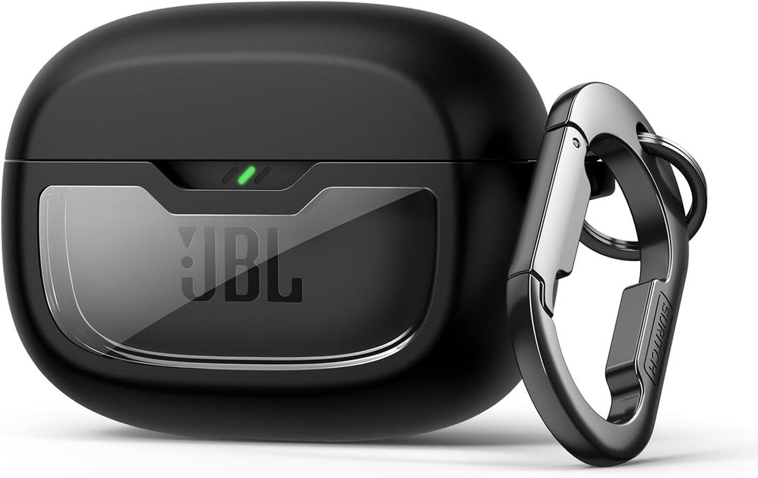 SURITCH Case Cover for JBL Vibe Beam/JBL Vibe Beam 2/ JBL Vibe 200TWS Earbuds, Shockproof Magnetic Protective Headphone Cover, Rugged Bumper Case with Carabiner & Cleaning Kit & Removal Tool, Black