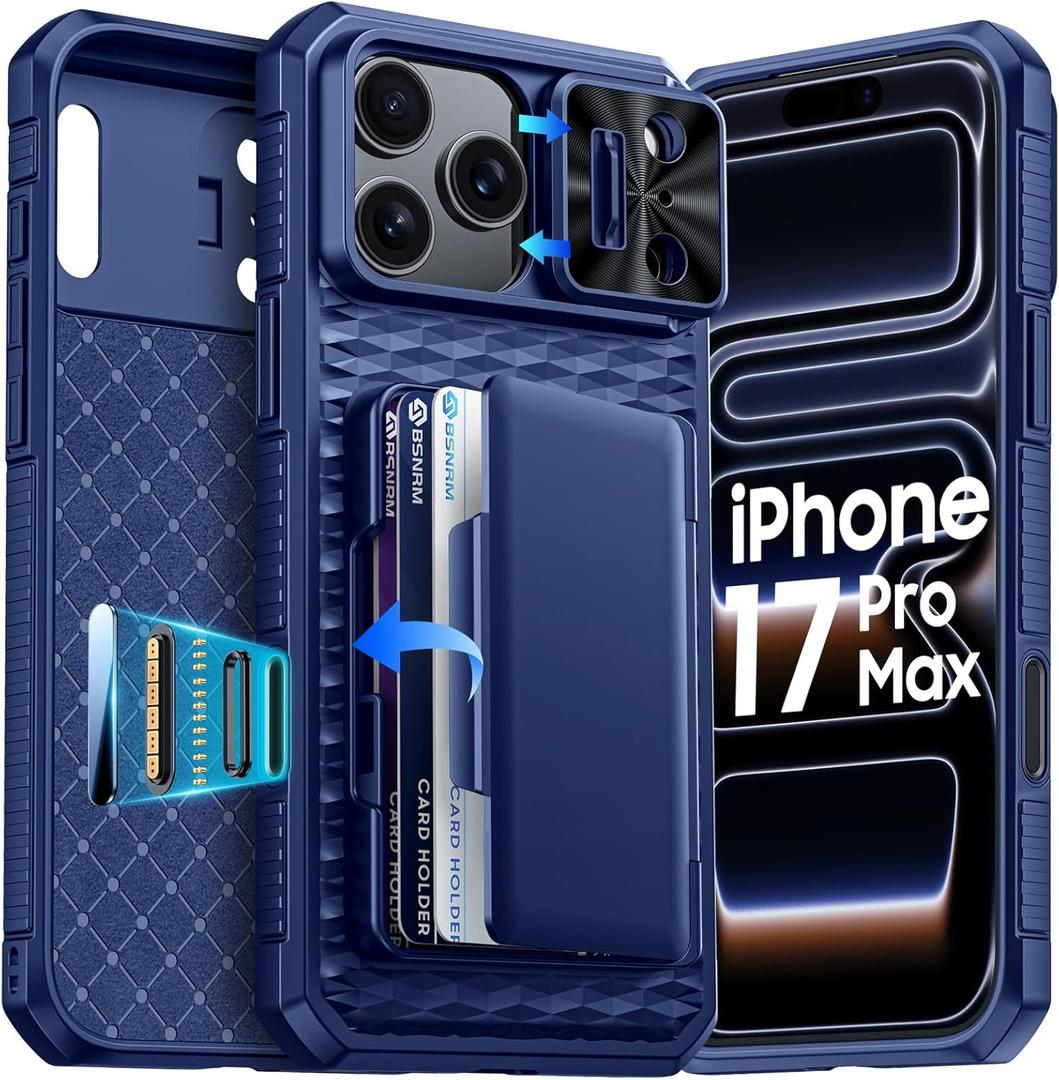 for iPhone 17 Pro Max Case Wallet, Built-in RFID Blocking Card Holder (4-5 Cards), Camera Control Button, Slide Camera Cover, Shockproof Rugged Silicone Phone Case for iPhone 17 Pro Max, Blue