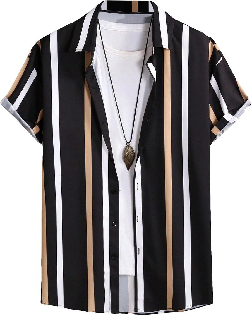 WDIRARA Men's Striped Button Front Short Sleeve Shirt Top Casual Shirts Collar Tops (Medium, Black)