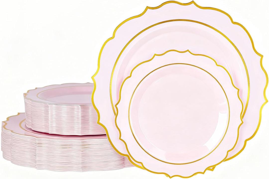 120PCS Pink Plastic Plates, Disposable Elegant Party Plate with Gold Rim, Heavy Duty 60 Dinner and 60 Dessert Fancy Plates for Party and Wedding