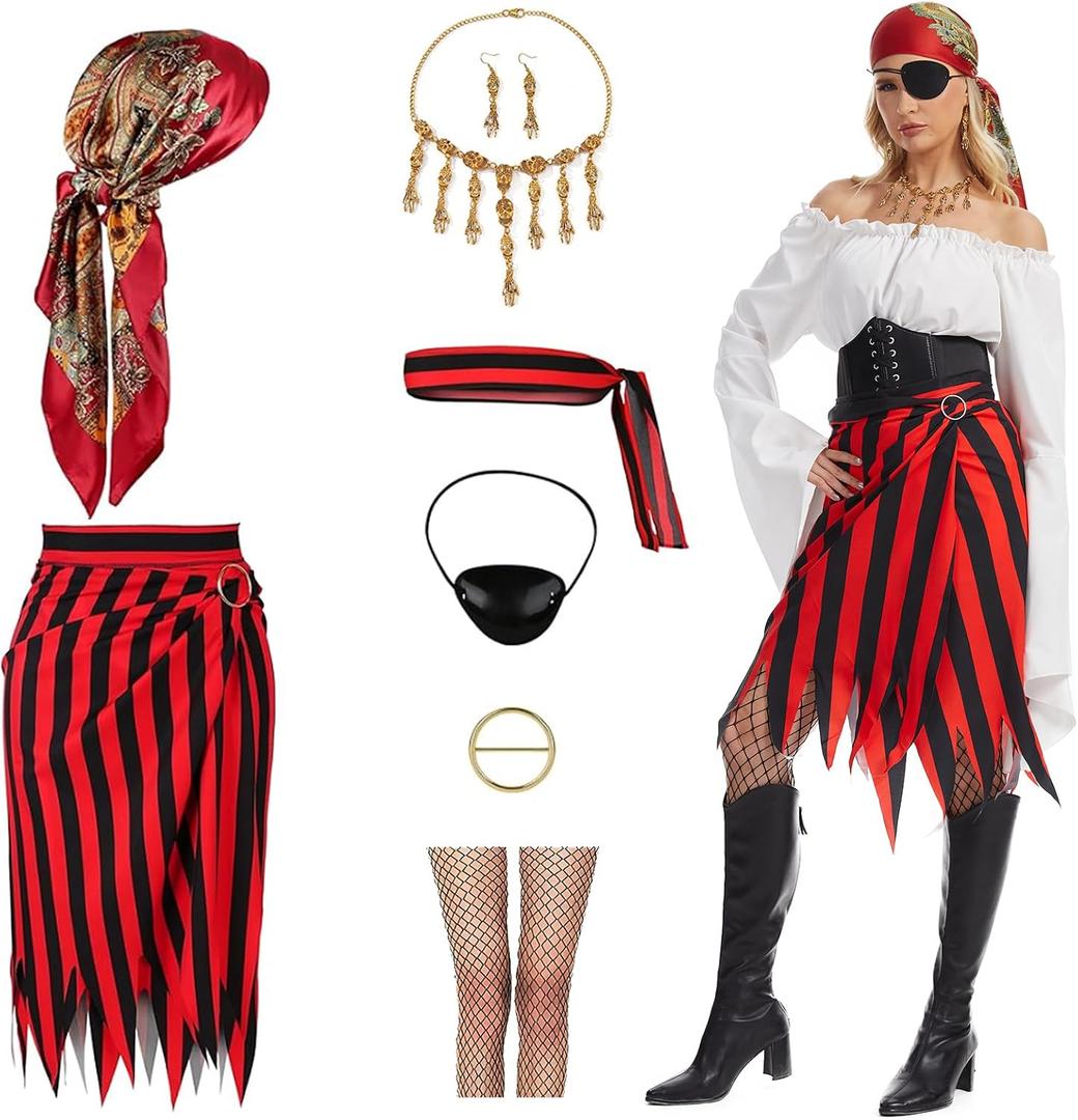 Womens Pirate Costume Set,Pirate Skirt Women Adults Accessories with Head Scarf Eye Patch Skeleton Necklace, S