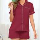 HALCYEEN Easy Care Women's Satin Pajama Set - 2 Piece Short Sleeve Sleepwear, Wrinkle-Resistant Loungewear(Wine Red,XL) (Red, XL)