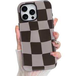 KANGHAR Compatible with iPhone 16 Pro Max Case, Aesthetic Checkered Cute Pattern, Support for MagSafe Shockproof Cover for Girls Women -Brown