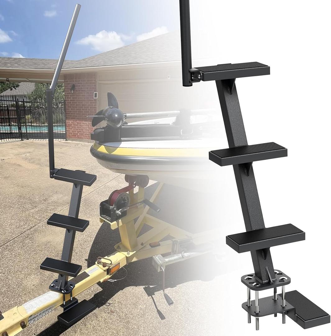 Boat Trailer Steps with Handrail, Heavy Duty Trailers Tongue Step Ladder,Compatible with Most Deep V Boat, Universal Non-Slip 4 Steps Ladder with 450lbs Capacity, Anti-Rust