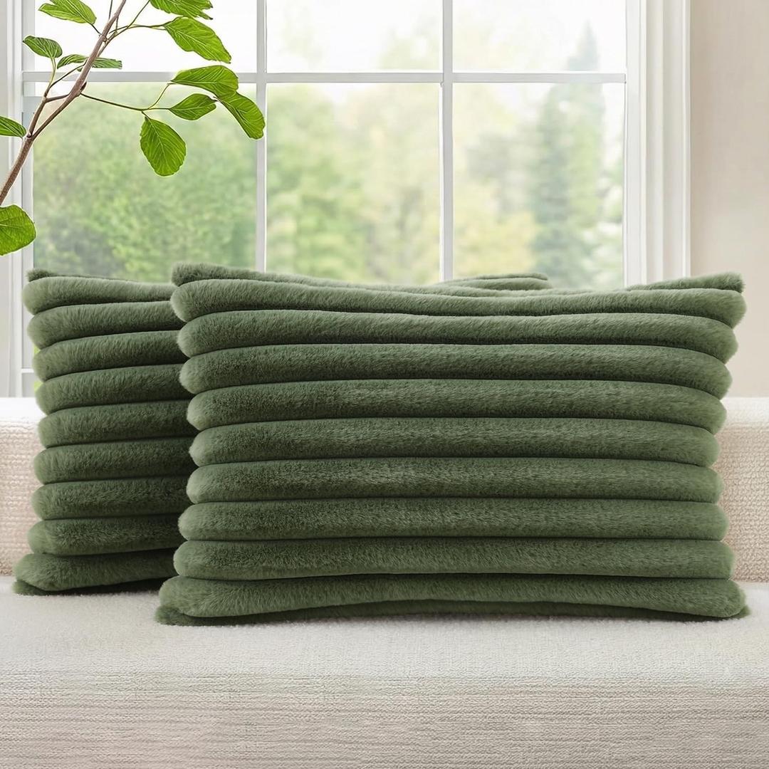 decorUhome Cozy Faux Fur Throw Pillow Covers 12x20 Set of 2 Decorative Soft Plush Striped Lumbar Modern Farmhouse Boho Couch Pillow Cases with Velvet Back for Sofa Bed Living Room, Olive Green