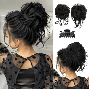 SARLA 2PCS Black Messy Bun Hair Pieces for Women Detachable Claw Clip Wavy Curly Synthetic Hairpieces for Updos with Tendrils Fake Scrunchies Ponytail Extension