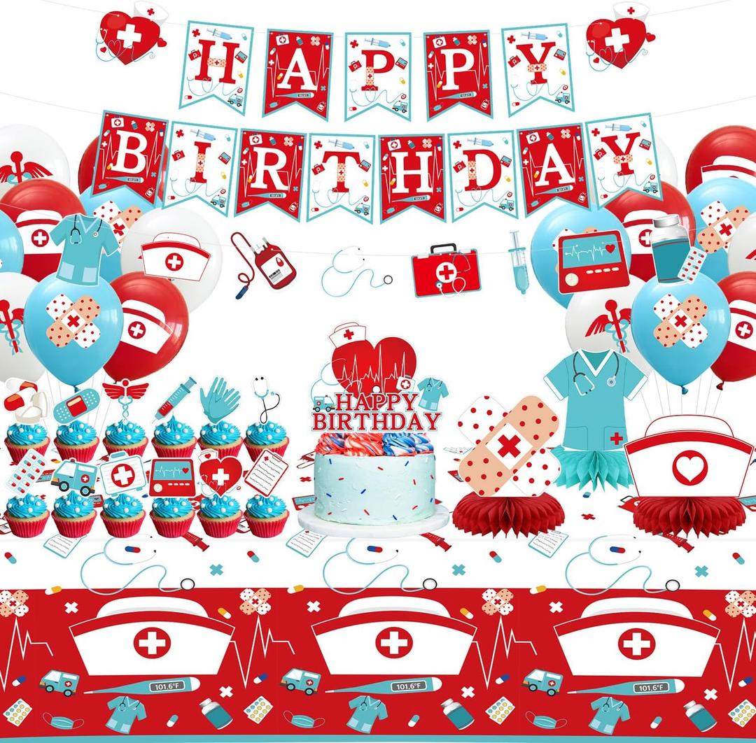 Nurse Party Decorations, Nurse Birthday Party Supplies include HAPPY BIRTHDAY Banners, Cake Toppers, Honeycomb Centerpieces, Balloons for Congrats Nurse Doctor Medical Nursing School Party Supplies